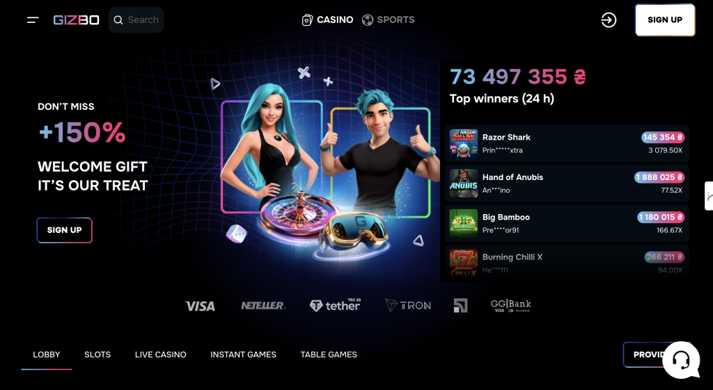 gizbo casino desktop interface