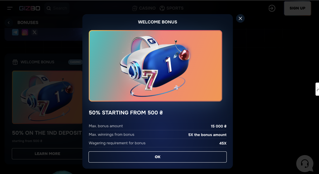 gizbo casino bonuses interface