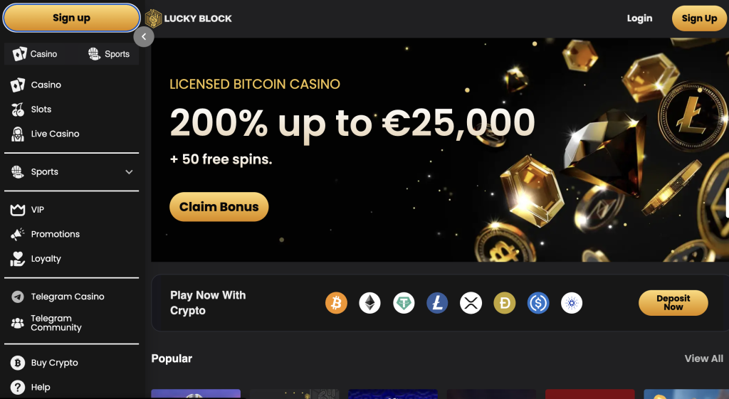 Lucky Block casino desktop interface